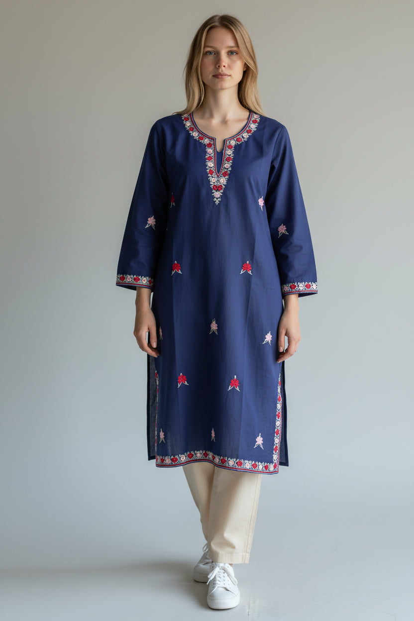 Kashmir Gallery Kashmiri Cotton Kurti for Women with Aari Embroidery | Summer Wear Traditional Designer Kurti for Women- Navy Blue-1
