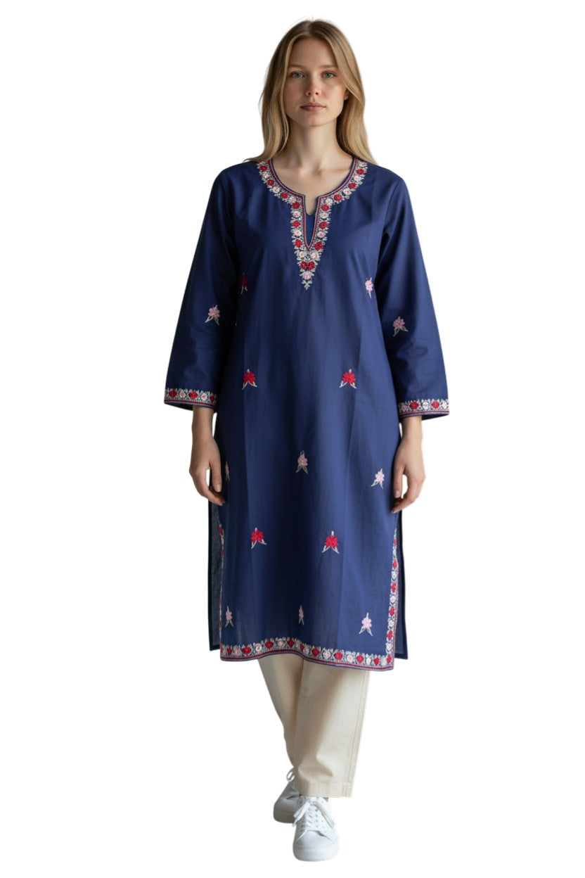 Kashmir Gallery Kashmiri Cotton Kurti for Women with Aari Embroidery | Summer Wear Traditional Designer Kurti for Women- Navy Blue-1