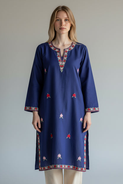Kashmir Gallery Kashmiri Cotton Kurti for Women with Aari Embroidery | Summer Wear Traditional Designer Kurti for Women- Navy Blue-1