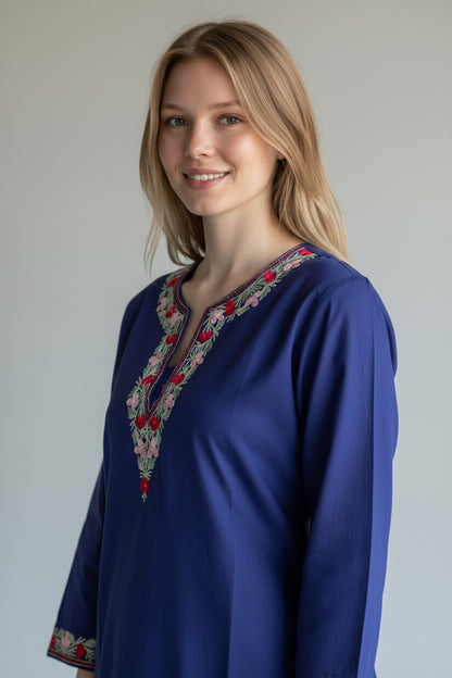 Kashmir Gallery Kashmiri Cotton Kurti for Women with Aari Embroidery | Summer Wear Traditional Designer Kurti for Women- Navy Blue