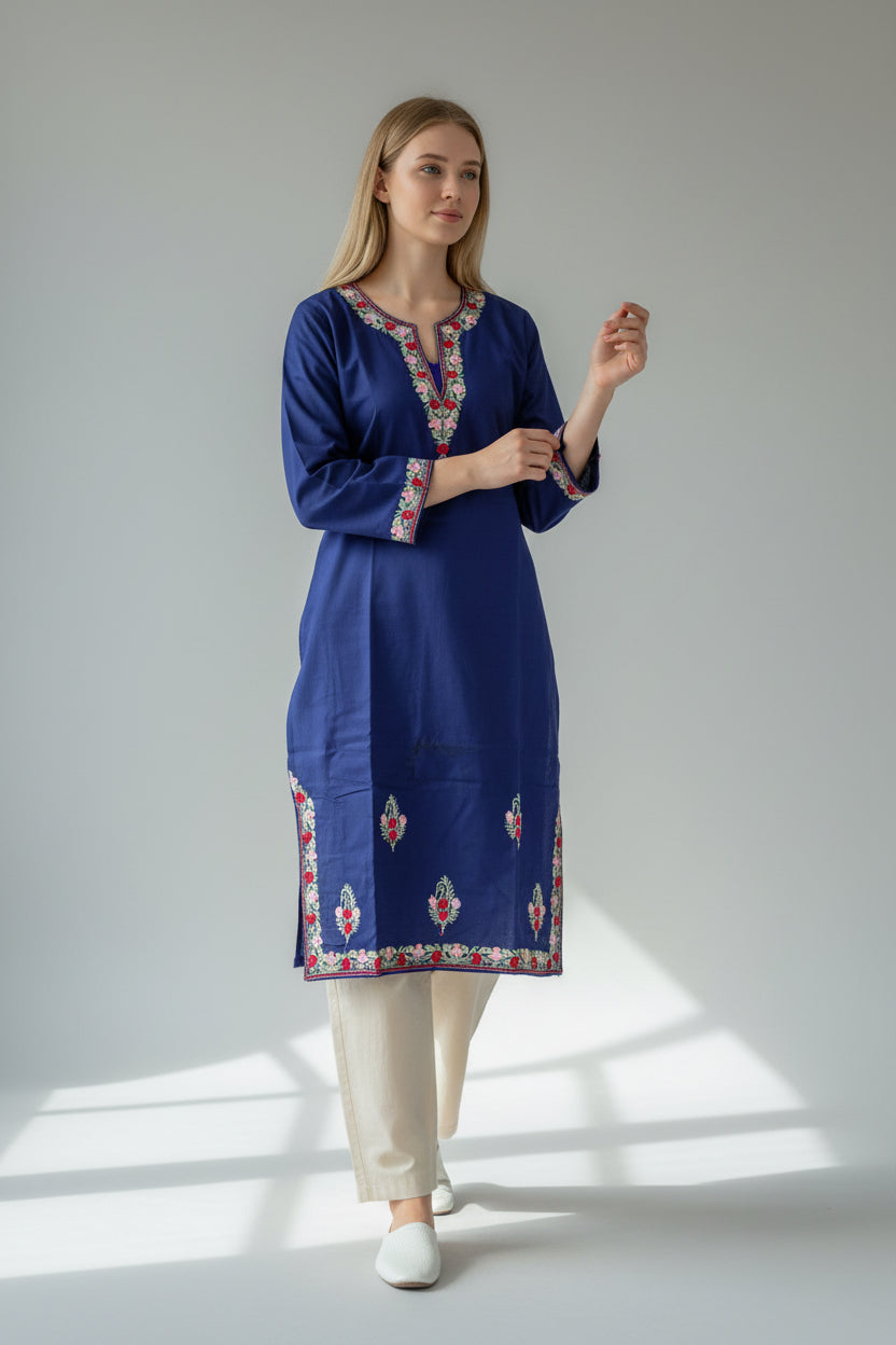 Kashmir Gallery Kashmiri Cotton Kurti for Women with Aari Embroidery | Summer Wear Traditional Designer Kurti for Women- Navy Blue