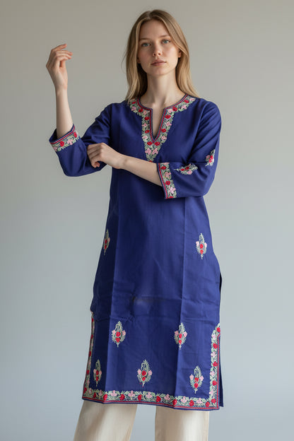 Kashmir Gallery Kashmiri Cotton Kurti for Women with Aari Embroidery | Summer Wear Traditional Designer Kurti for Women- Navy Blue