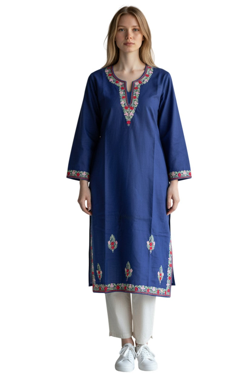 Kashmir Gallery Kashmiri Cotton Kurti for Women with Aari Embroidery | Summer Wear Traditional Designer Kurti for Women- Navy Blue