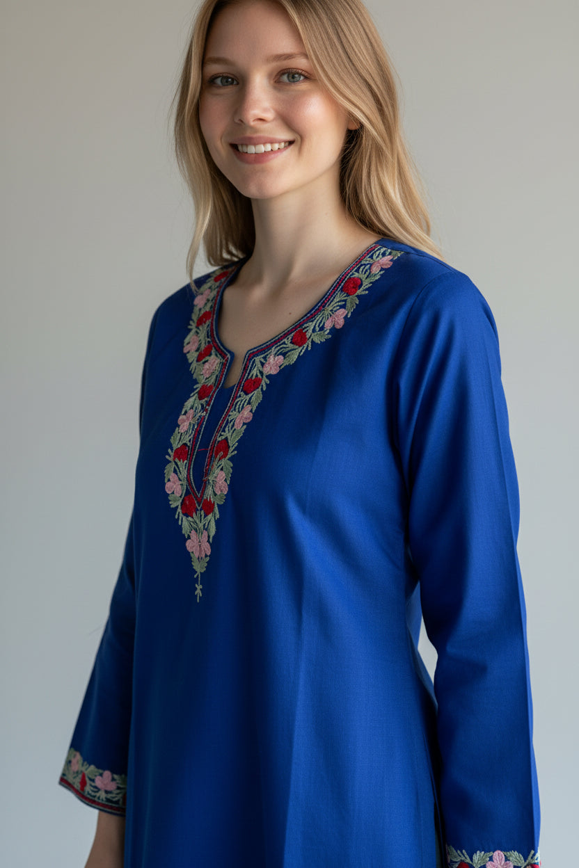 Kashmir Gallery Kashmiri Cotton Kurti for Women with Aari Embroidery | Summer Wear Traditional Designer Kurti for Women- Royal Blue2
