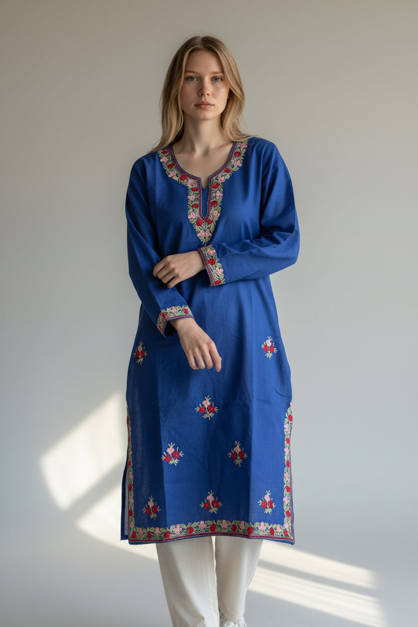 Kashmir Gallery Kashmiri Cotton Kurti for Women with Aari Embroidery | Summer Wear Traditional Designer Kurti for Women- Royal Blue2