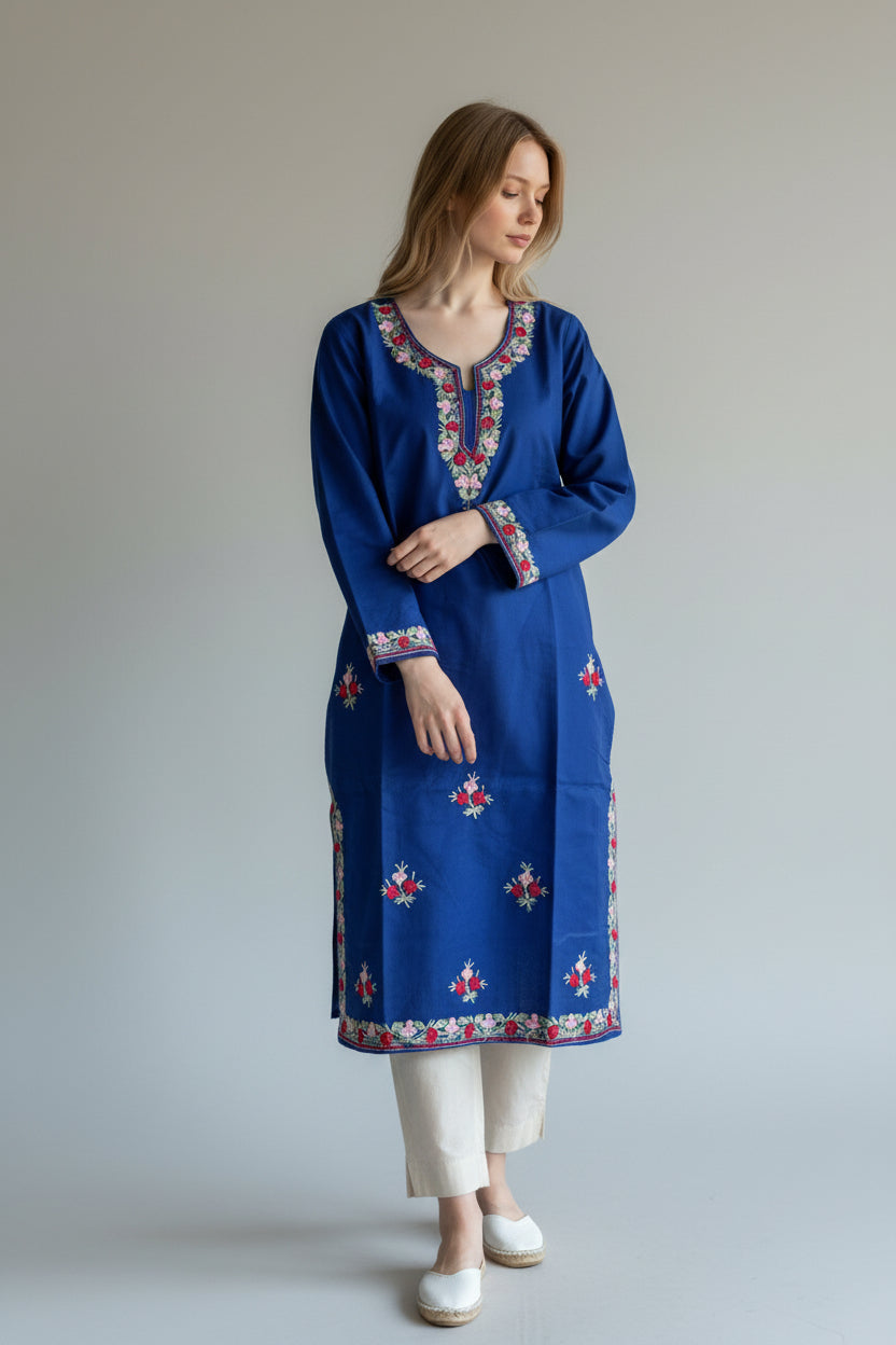 Kashmir Gallery Kashmiri Cotton Kurti for Women with Aari Embroidery | Summer Wear Traditional Designer Kurti for Women- Royal Blue2