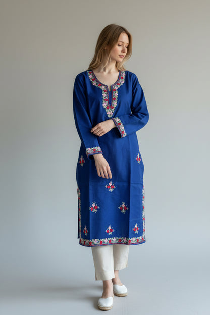 Kashmir Gallery Kashmiri Cotton Kurti for Women with Aari Embroidery | Summer Wear Traditional Designer Kurti for Women- Royal Blue2