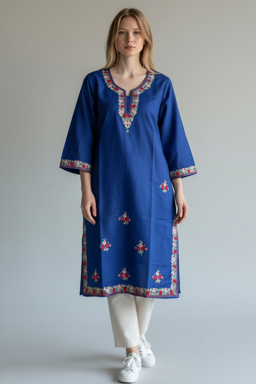 Kashmir Gallery Kashmiri Cotton Kurti for Women with Aari Embroidery | Summer Wear Traditional Designer Kurti for Women- Royal Blue2