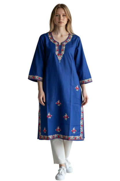 Kashmir Gallery Kashmiri Cotton Kurti for Women with Aari Embroidery | Summer Wear Traditional Designer Kurti for Women- Royal Blue2