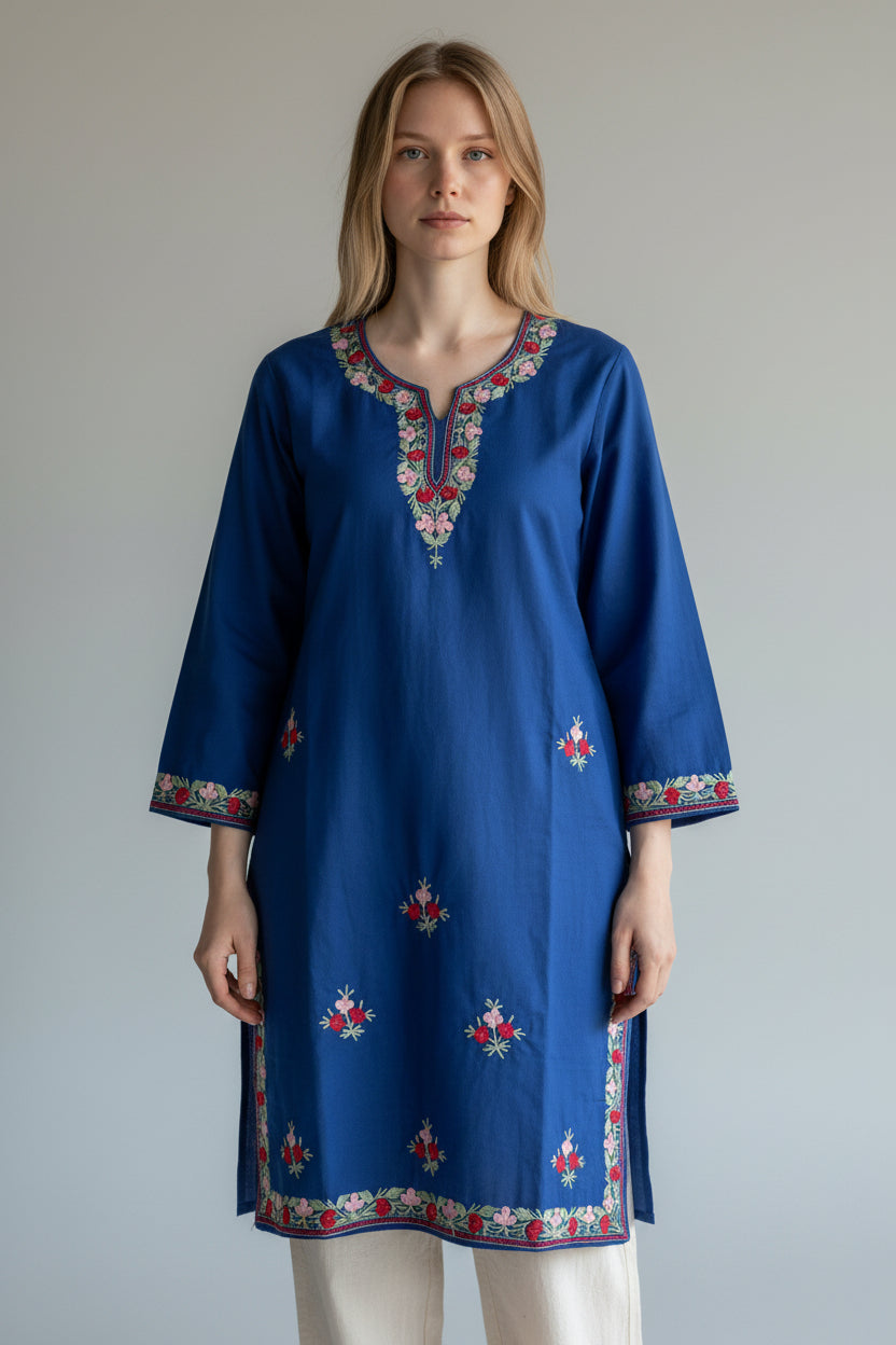 Kashmir Gallery Kashmiri Cotton Kurti for Women with Aari Embroidery | Summer Wear Traditional Designer Kurti for Women- Royal Blue2