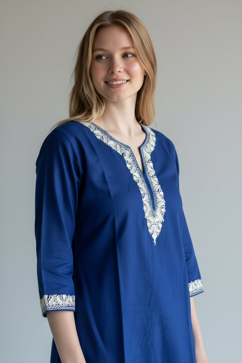Kashmir Gallery Kashmiri Cotton Kurti for Women with Aari Embroidery | Summer Wear Traditional Designer Kurti for Women- Royal Blue