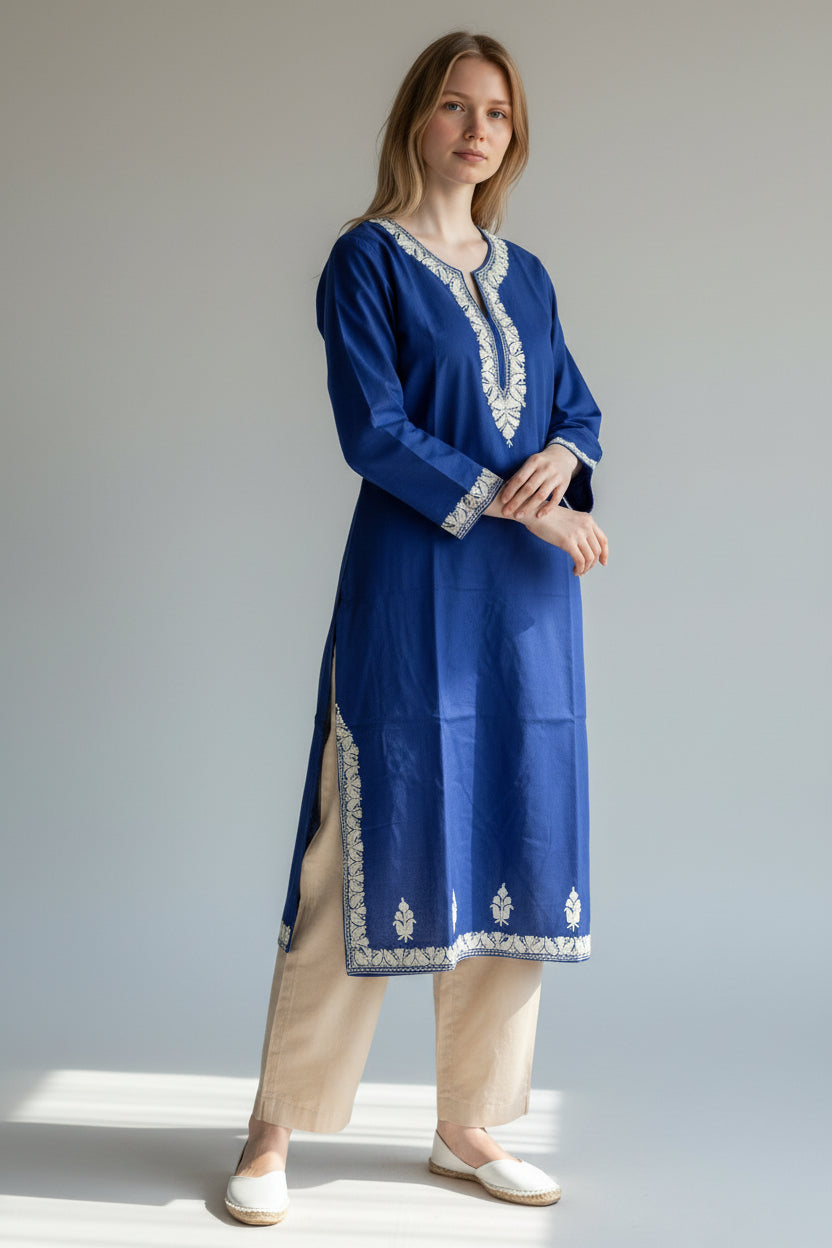 Kashmir Gallery Kashmiri Cotton Kurti for Women with Aari Embroidery | Summer Wear Traditional Designer Kurti for Women- Royal Blue