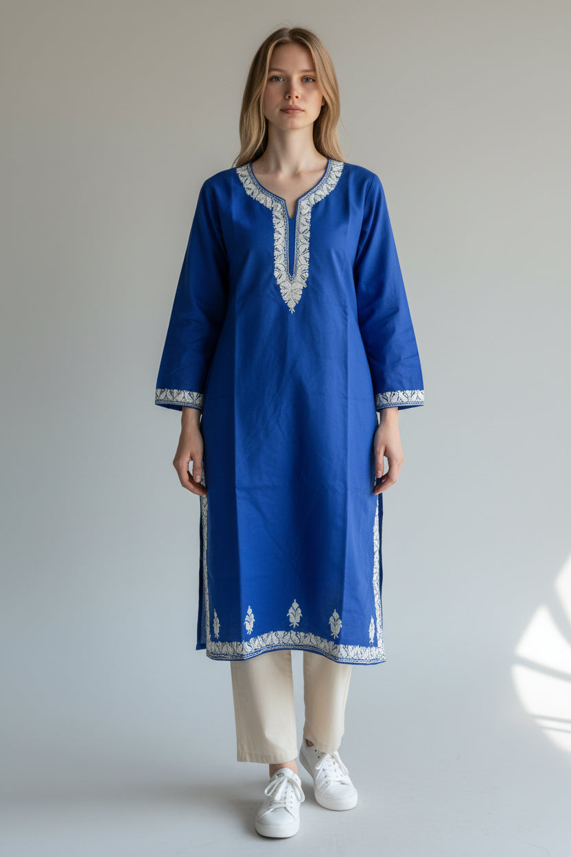 Kashmir Gallery Kashmiri Cotton Kurti for Women with Aari Embroidery | Summer Wear Traditional Designer Kurti for Women- Royal Blue