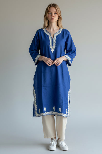 Kashmir Gallery Kashmiri Cotton Kurti for Women with Aari Embroidery | Summer Wear Traditional Designer Kurti for Women- Royal Blue