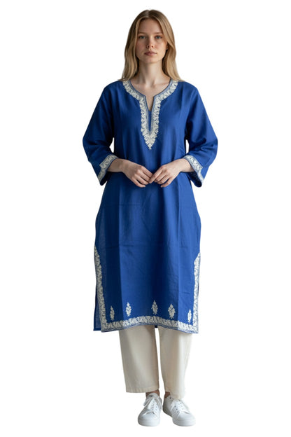 Kashmir Gallery Kashmiri Cotton Kurti for Women with Aari Embroidery | Summer Wear Traditional Designer Kurti for Women- Royal Blue