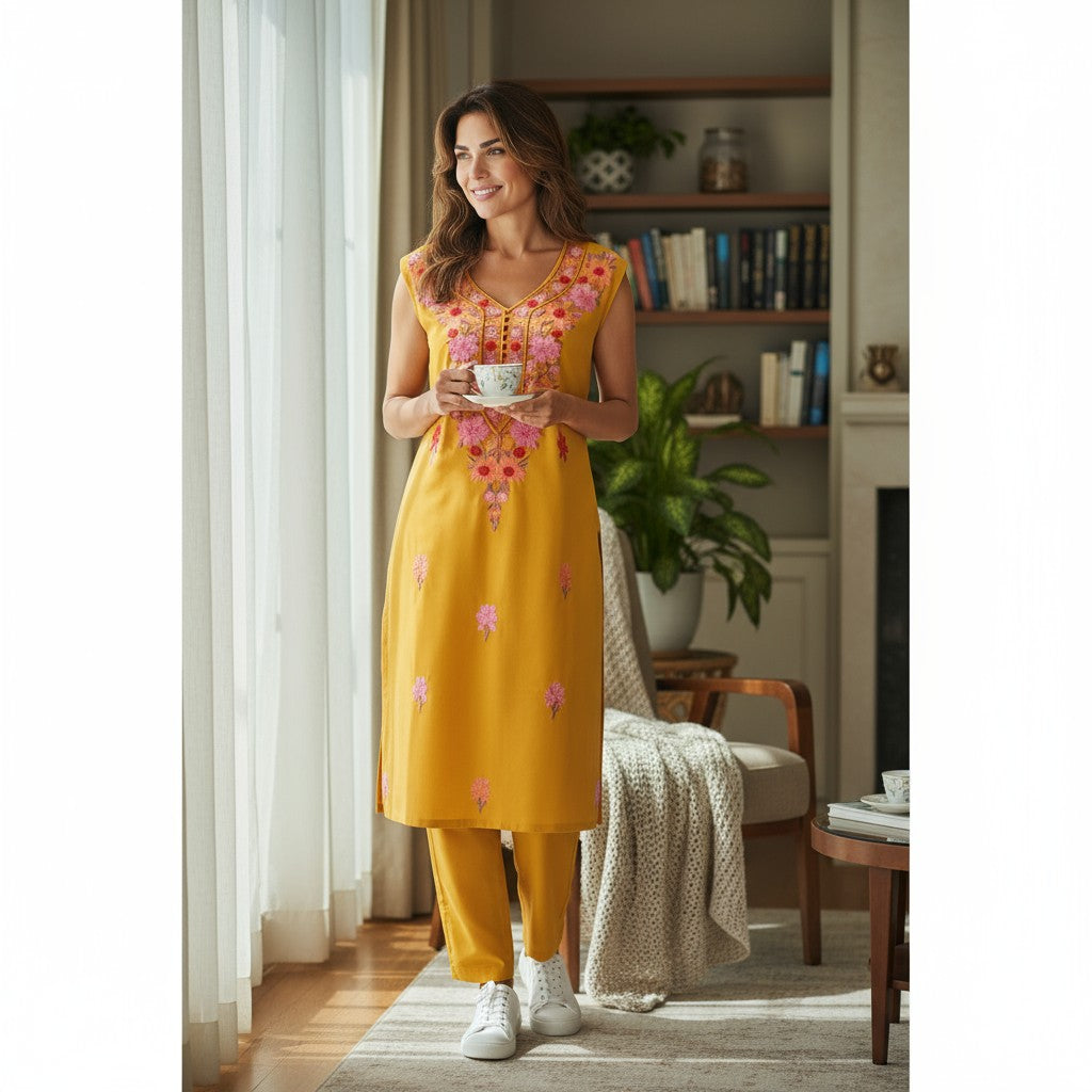 Women Cotton Suits with Kashmiri Embroidery Salwar Suits -Mustard