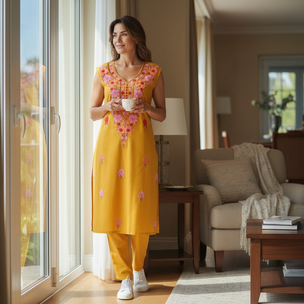 Women Cotton Suits with Kashmiri Embroidery Salwar Suits -Mustard