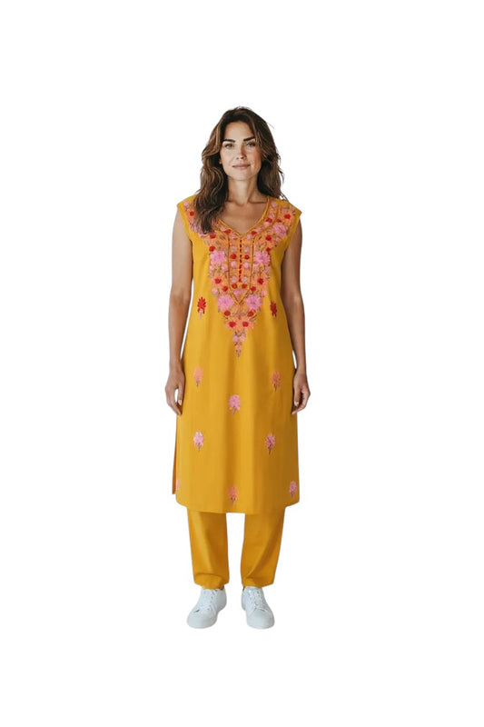 Women Cotton Suits with Kashmiri Embroidery Salwar Suits -Mustard