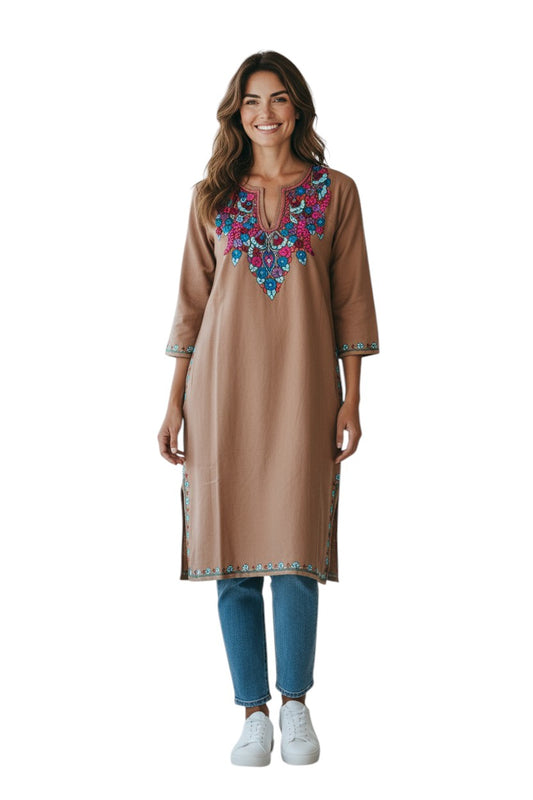 Kashmiri Woolen Pheran with Traditional Embroidery - Grey