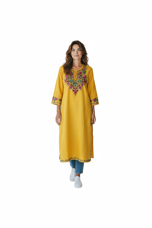Kashmiri Woolen Pheran with Traditional Embroidery - Mustard