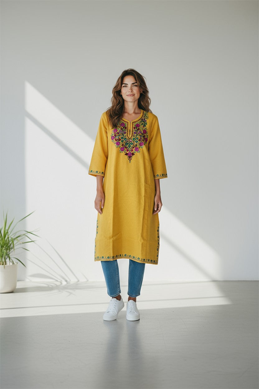 Kashmiri Woolen Pheran with Traditional Embroidery - Mustard