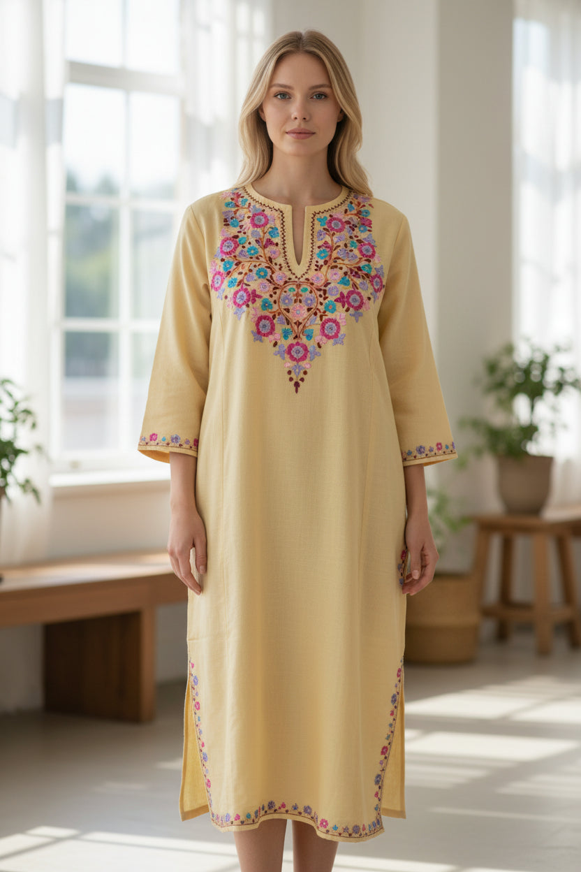 Kashmiri Woolen Pheran with Traditional Aari Embroidery - Beige