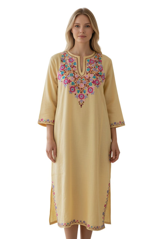 Kashmiri Woolen Pheran with Traditional Aari Embroidery - Beige