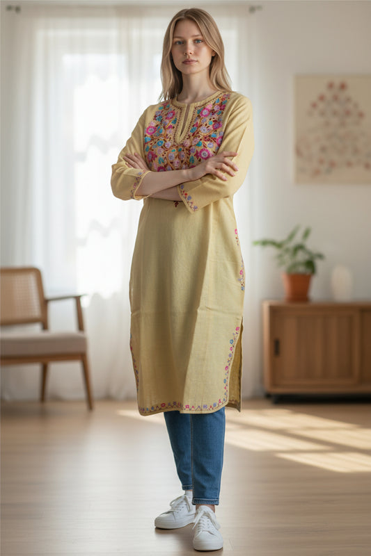 Kashmiri Woolen Pheran with Traditional Aari Embroidery - Beige