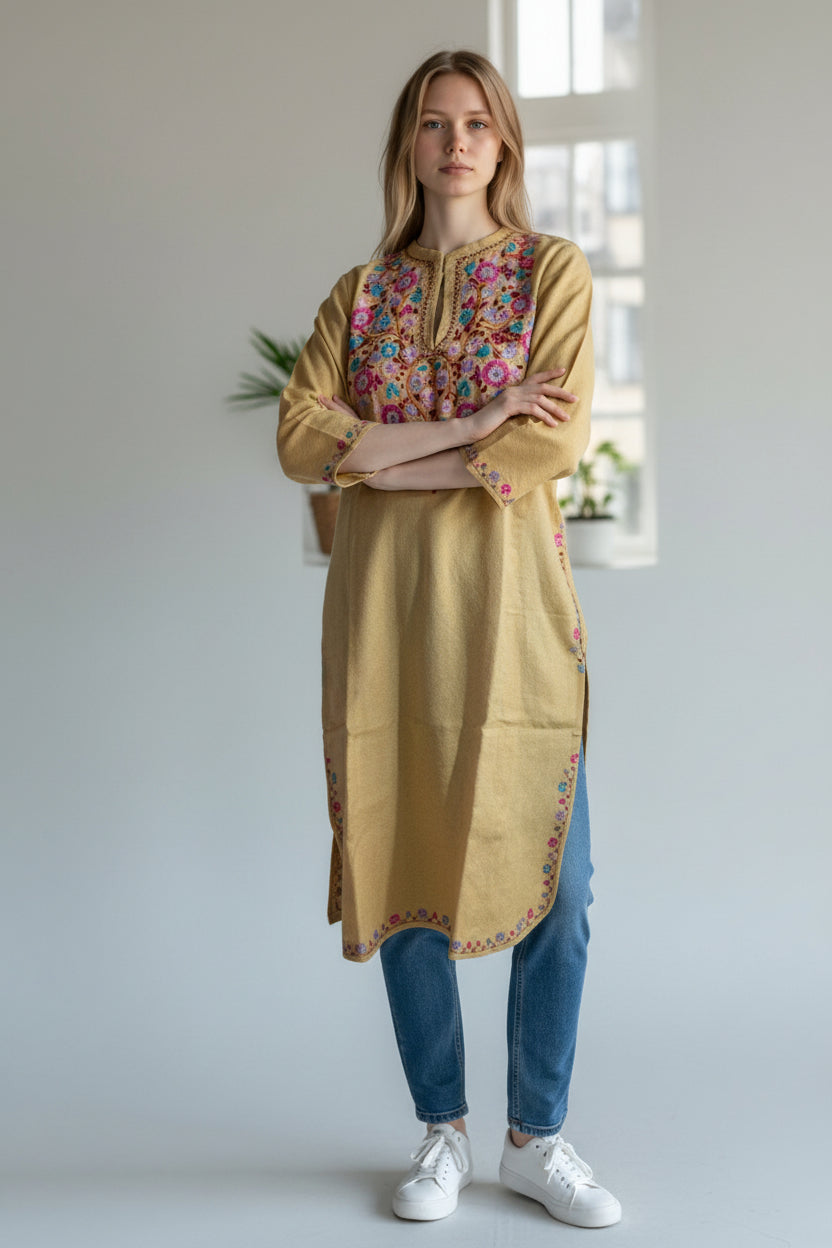 Kashmiri Woolen Pheran with Traditional Aari Embroidery - Beige