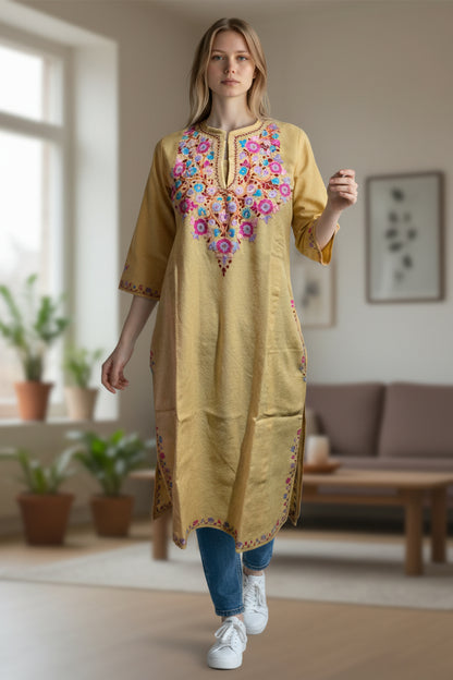 Kashmiri Woolen Pheran with Traditional Aari Embroidery - Beige