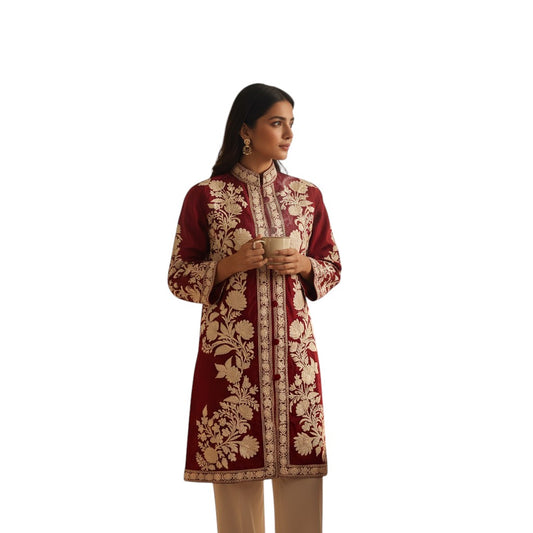 Women’s Woolen Long Coat – Elegant Winter Wear - Maroon