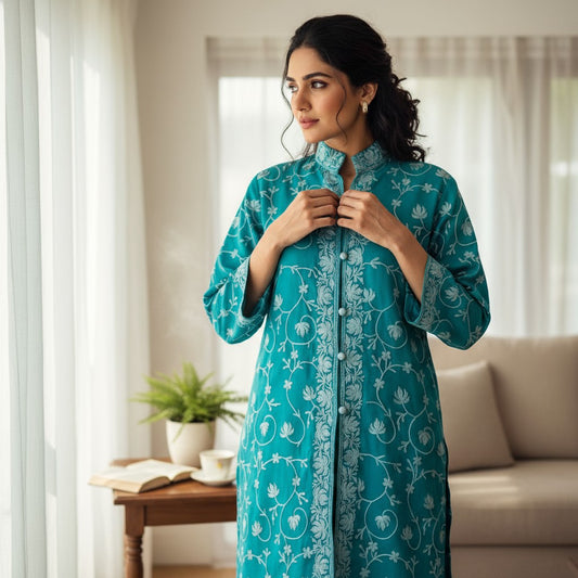 Women’s Woolen Long Coat – Elegant Winter Wear - Turquiose