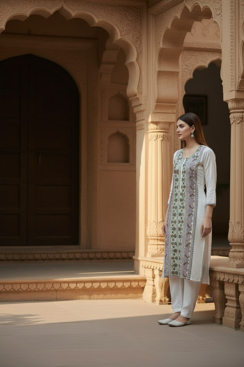 Women Cotton Suits with Kashmiri Embroidery Unstitched Dress Material Salwar Suits- White