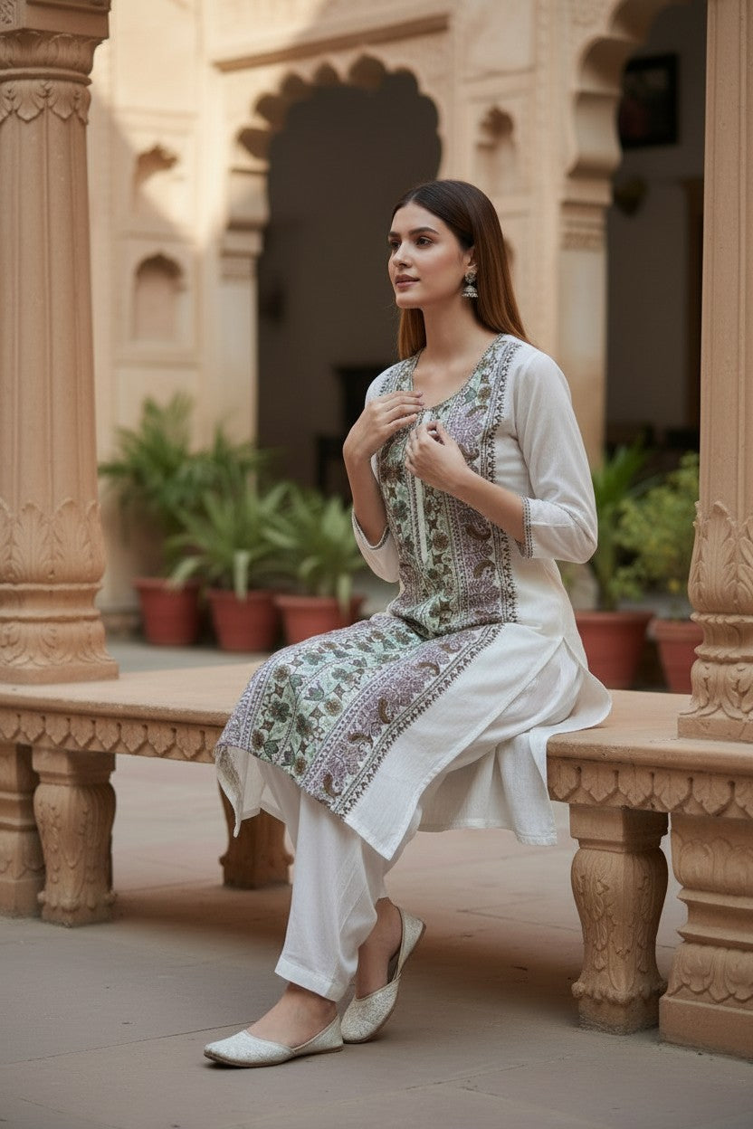 Women Cotton Suits with Kashmiri Embroidery Unstitched Dress Material Salwar Suits- White