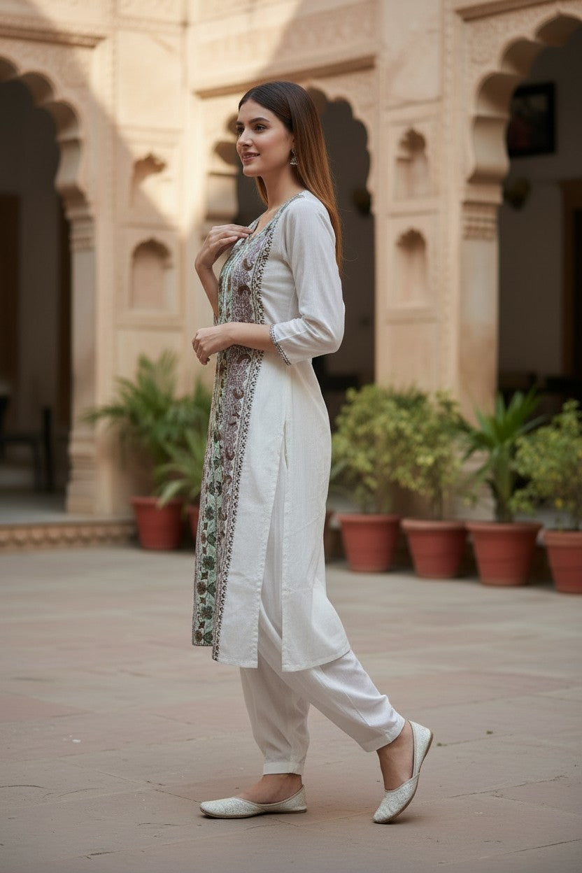 Women Cotton Suits with Kashmiri Embroidery Unstitched Dress Material Salwar Suits- White