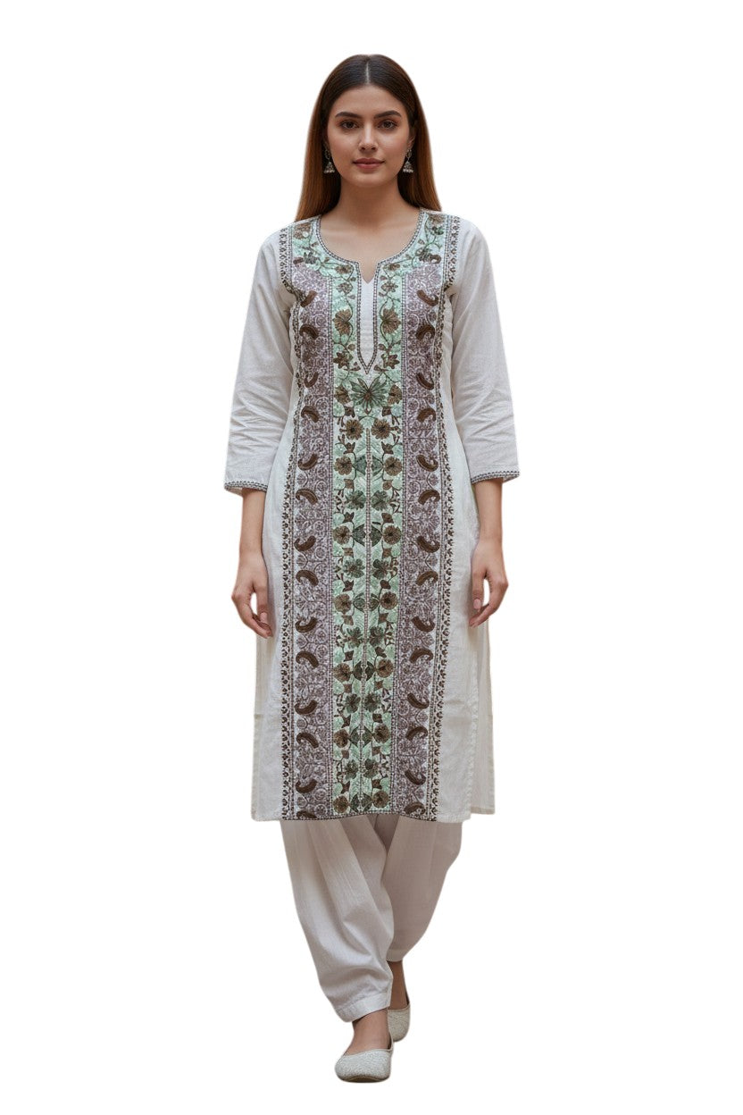 Women Cotton Suits with Kashmiri Embroidery Unstitched Dress Material Salwar Suits- White
