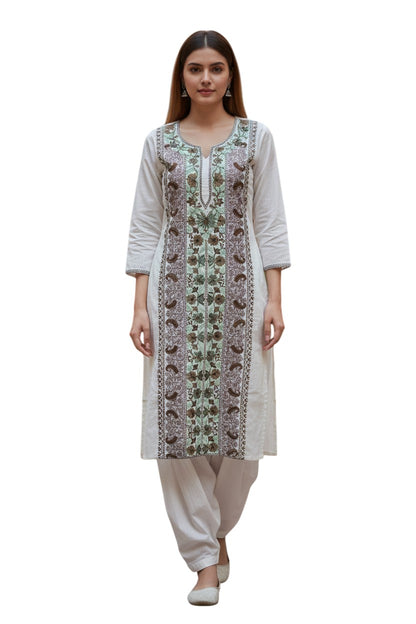 Women Cotton Suits with Kashmiri Embroidery Unstitched Dress Material Salwar Suits- White
