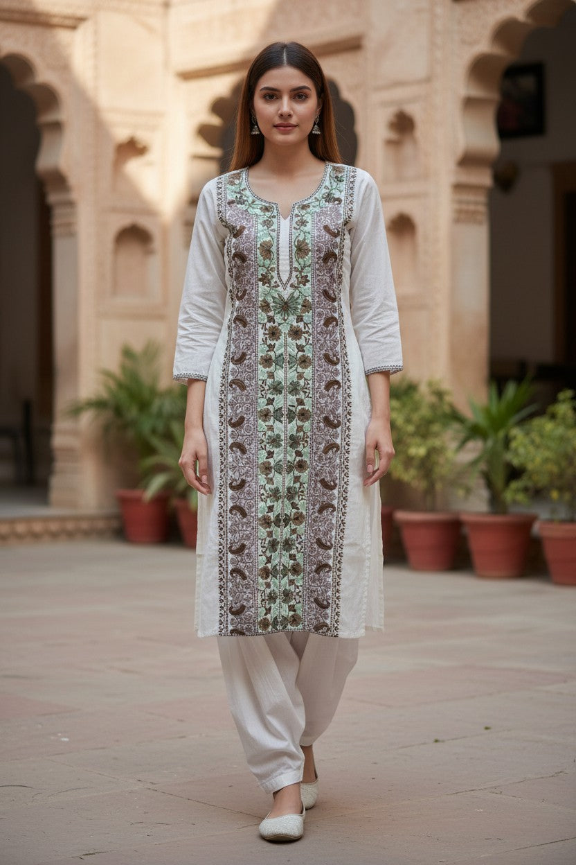 Women Cotton Suits with Kashmiri Embroidery Unstitched Dress Material Salwar Suits- White