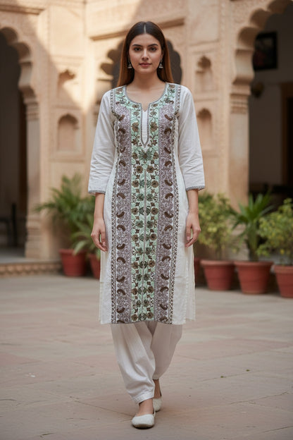 Women Cotton Suits with Kashmiri Embroidery Unstitched Dress Material Salwar Suits- White