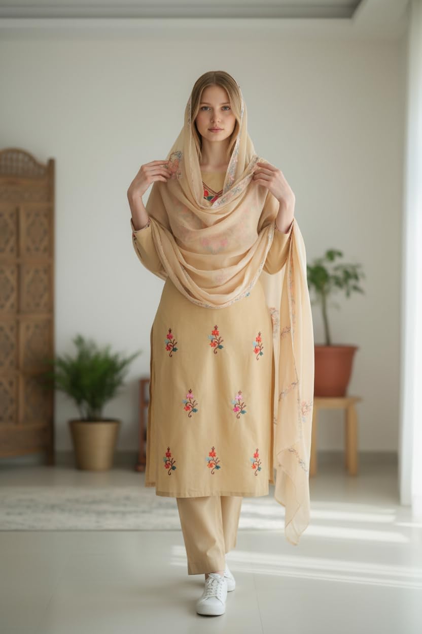 Women Cotton Suits with Kashmiri Embroidery Unstitched Dress Material - Beige