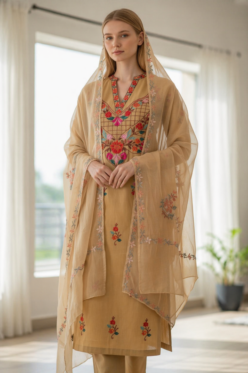 Women Cotton Suits with Kashmiri Embroidery Unstitched Dress Material - Beige