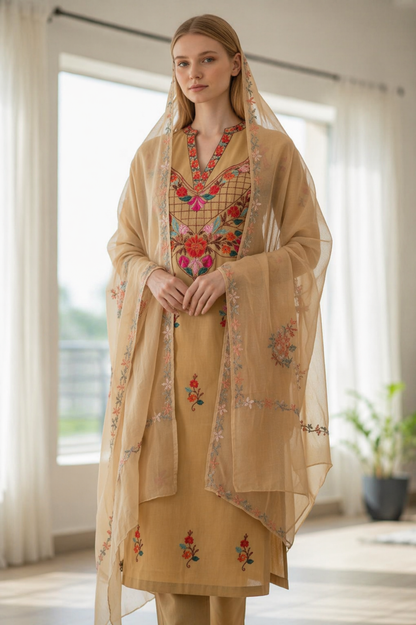 Women Cotton Suits with Kashmiri Embroidery Unstitched Dress Material - Beige