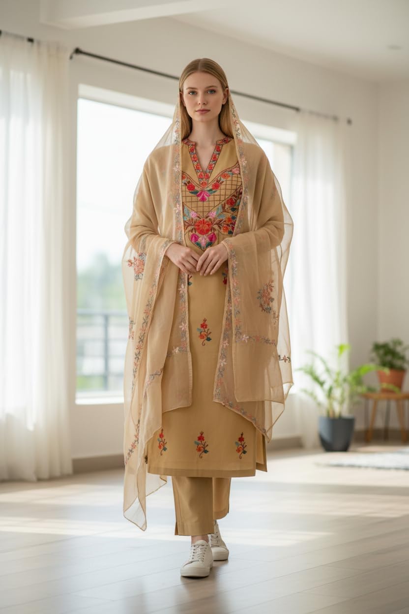 Women Cotton Suits with Kashmiri Embroidery Unstitched Dress Material - Beige