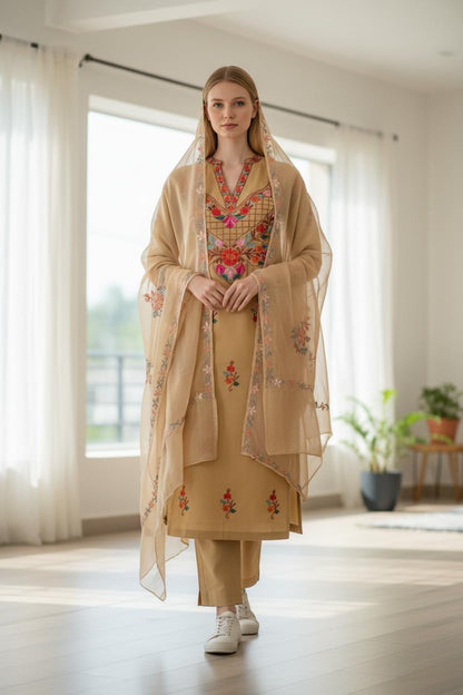 Women Cotton Suits with Kashmiri Embroidery Unstitched Dress Material - Beige