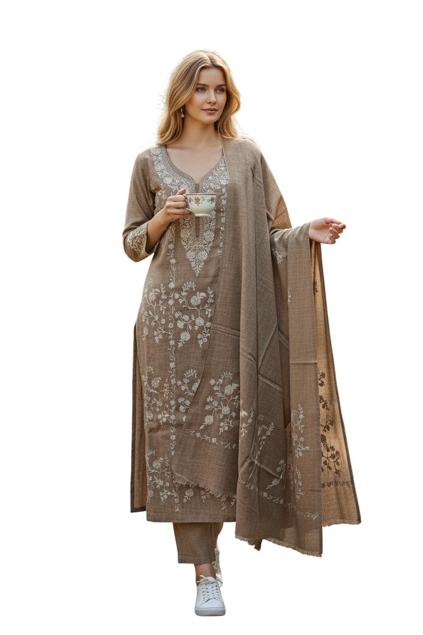 Women Woolen Kashmiri Suits Semi Pashmina Zari Embroidery  - Grey