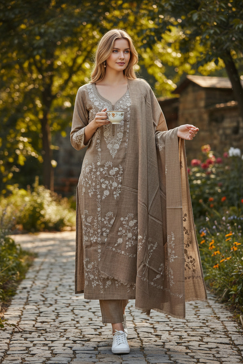 Women Woolen Kashmiri Suits Semi Pashmina Zari Embroidery  - Grey