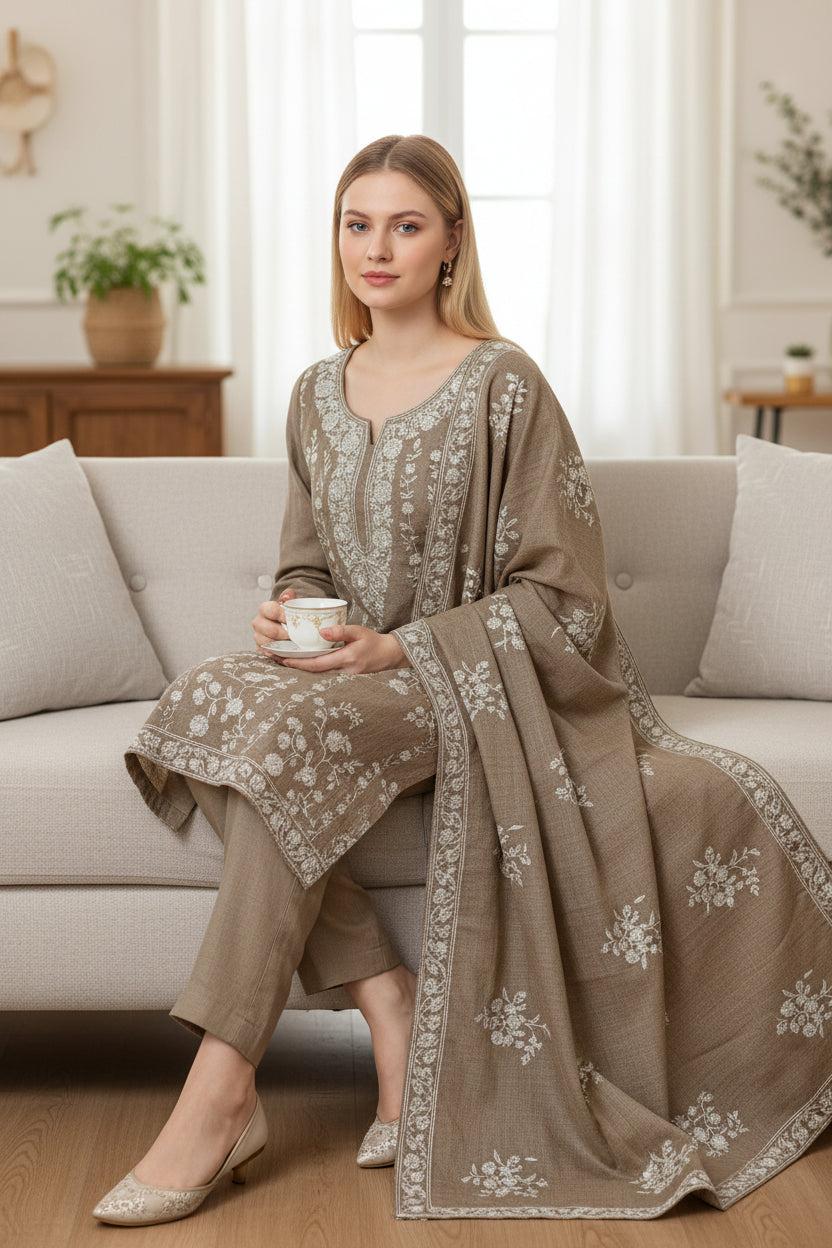 Women Woolen Kashmiri Suits Semi Pashmina Zari Embroidery  - Grey