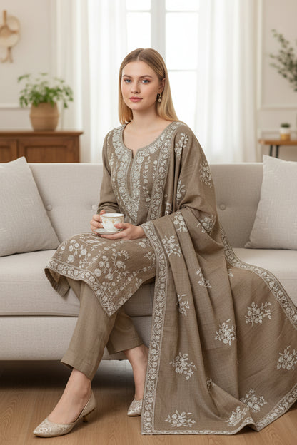 Women Woolen Kashmiri Suits Semi Pashmina Zari Embroidery  - Grey