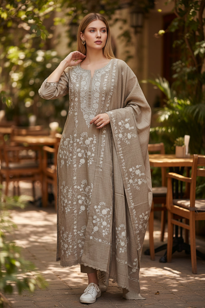 Women Woolen Kashmiri Suits Semi Pashmina Zari Embroidery  - Grey