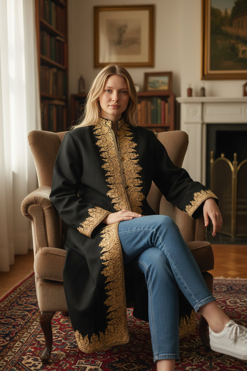 Women’s Woolen Long Coat – Elegant Winter Wear - Black